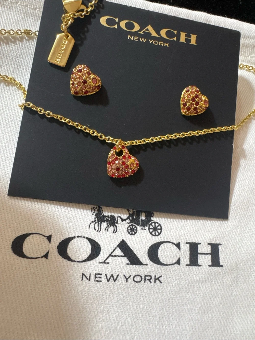 Coach Gold-Tone Red Crystal Heart Necklace & Stud Earrings